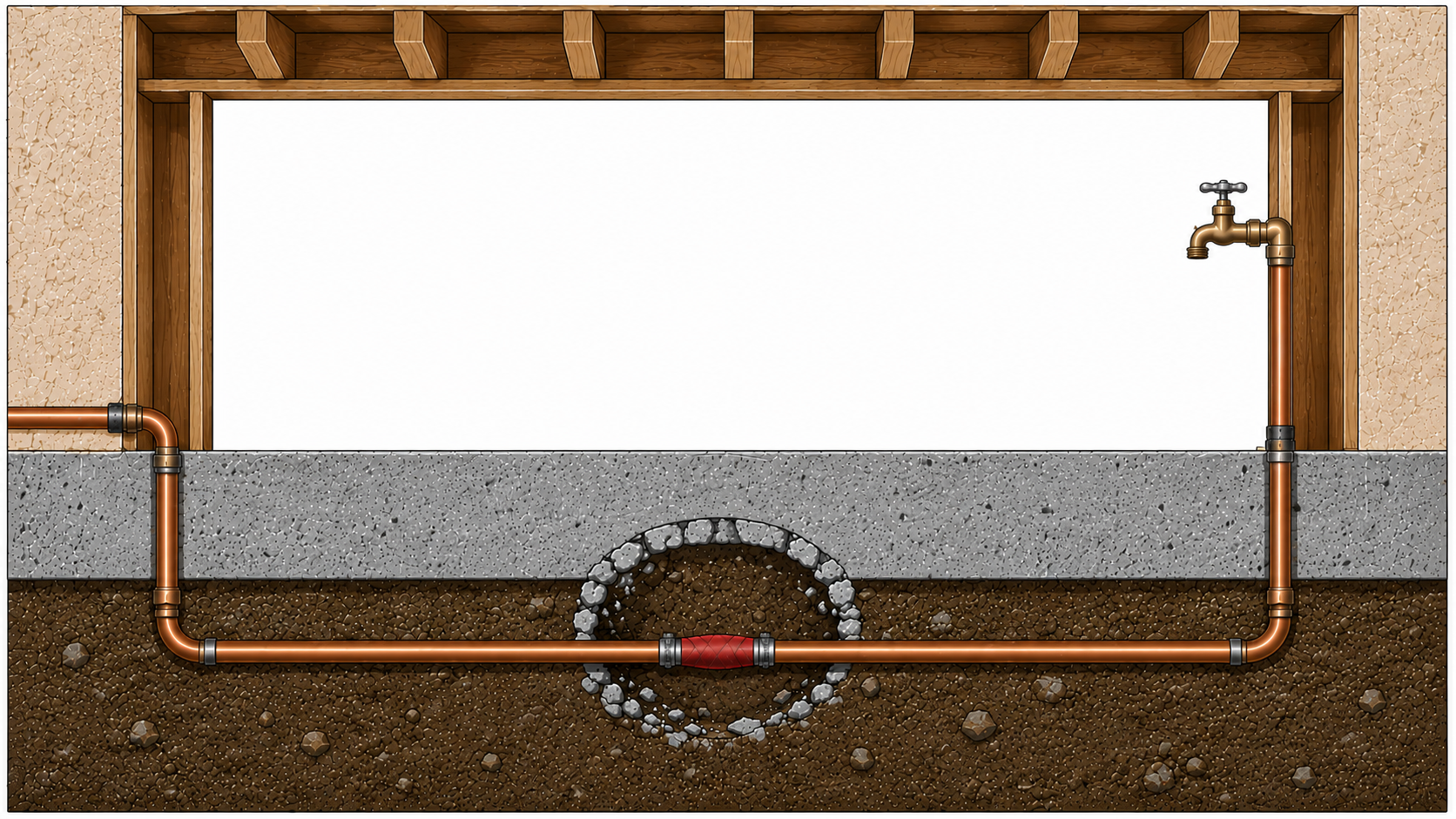 Cross-section showing a slab cut down to the buried copper line with a spot patch installed mid-run, surrounded by excavated soil
