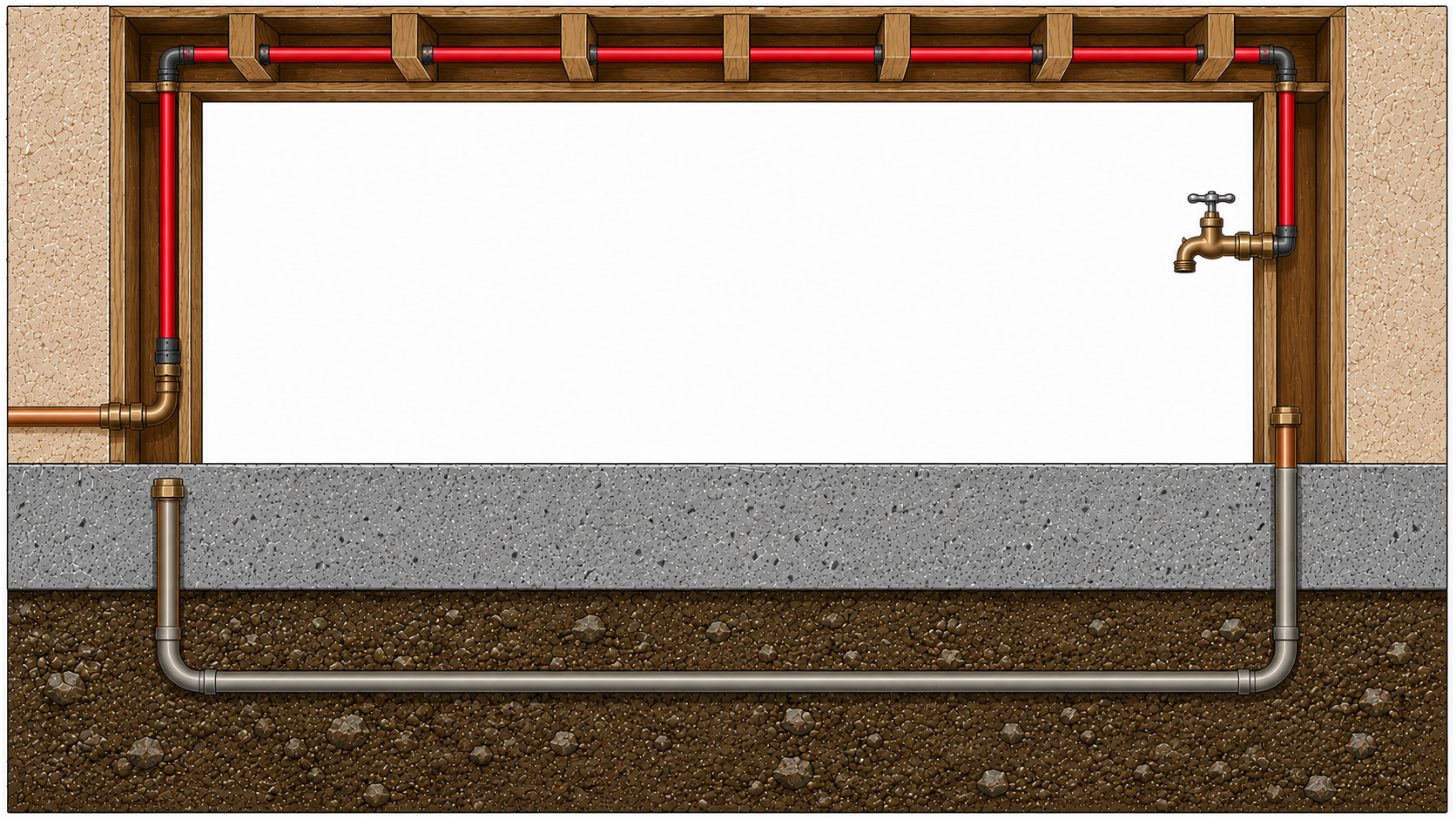 Cross-section of a slab leak repair: new PEX rerouted overhead through wall framing and ceiling, with the old failed copper line abandoned in place under the concrete