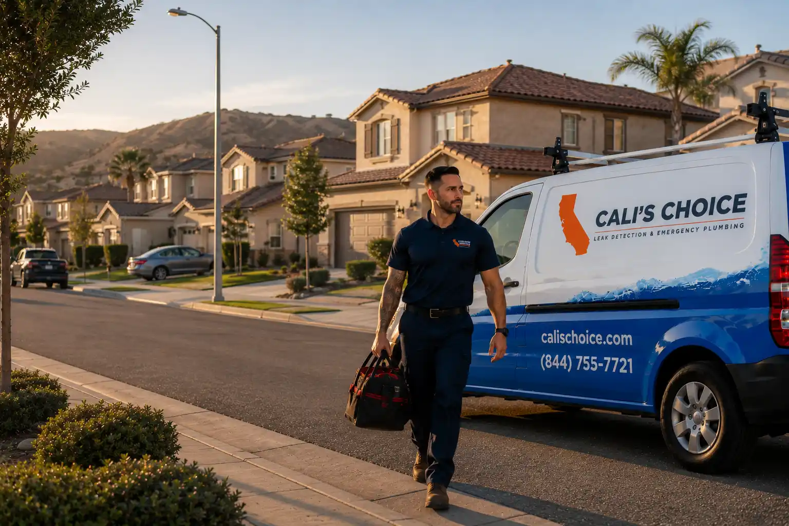 Cali's Choice leak detection technician with service van in Rancho Bernardo, CA