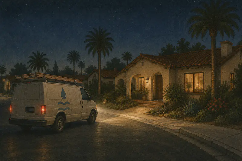 A Cali's Choice van rolls into a quiet Rancho Bernardo neighborhood at night, headlights on, while a homeowner waits inside — 60-minute response, any hour