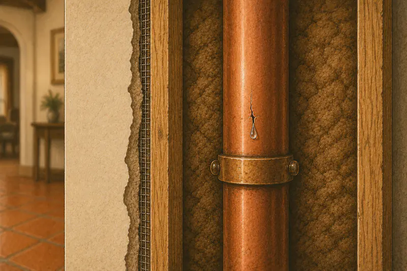 Close-up of a cracked copper supply line dripping inside the wall cavity, behind torn drywall — the kind of failure we scope and price before we open anything