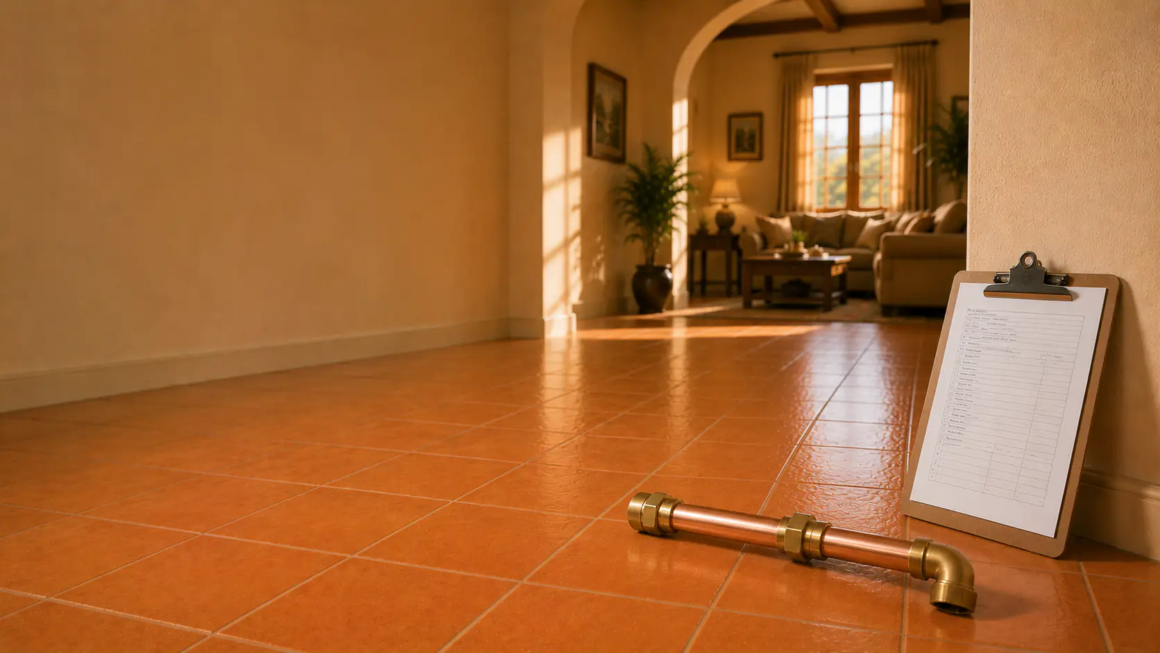 Copper pipe and inspection clipboard on a tile slab floor in a Rancho Bernardo home