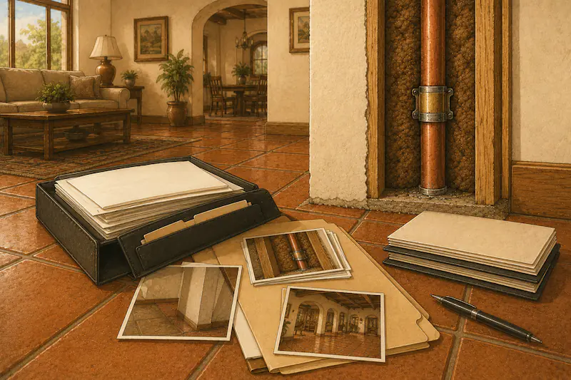 Photographs, file folders, and a written scope laid out on a tile floor — the insurance documentation packet we hand you on every covered claim