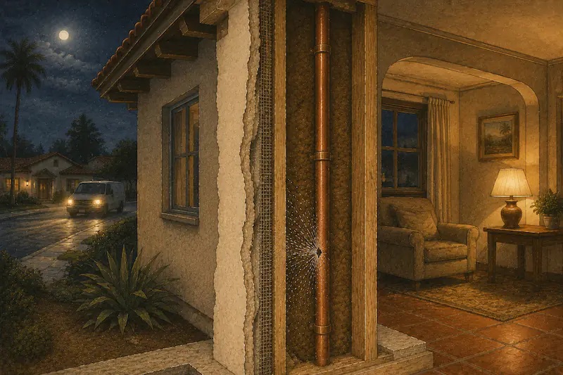 Cali's Choice service van outside a Rancho Bernardo home at night, lights on, ready to dispatch