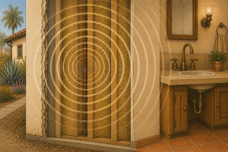 Cutaway illustration of sound waves radiating from a pinhole leak inside a wall cavity behind a bathroom vanity