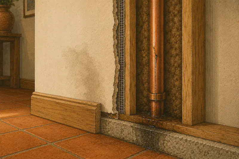 Hidden leak inside a wall cavity: cracked copper supply line dripping behind drywall, baseboard stain just starting to show