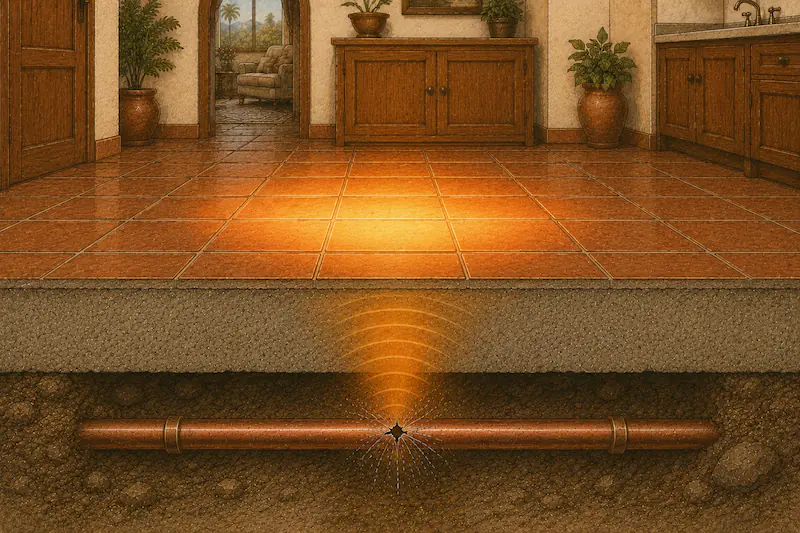 Cross-section illustration showing heat radiating up through tile from a slab leak on the hot-water copper line below
