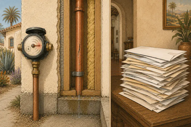 Illustration of a Spanish-style home's water meter beside a tall stack of unopened utility bills