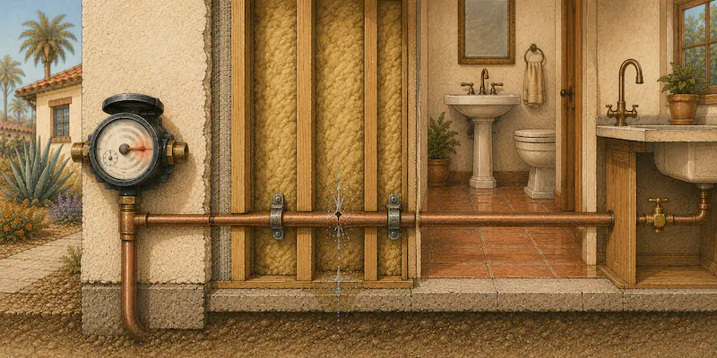 Cross-section illustration of a water meter dial still moving while a faucet runs inside the home
