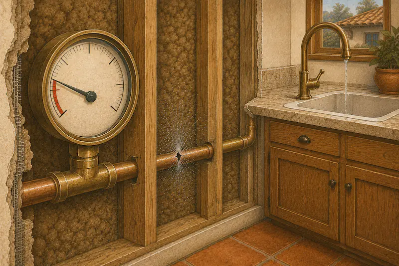Illustration of a brass pressure gauge with the needle in the low range beside a water main entering a Spanish-style home