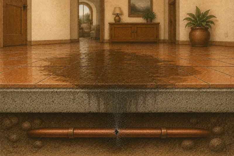 Cross-section illustration of a tile floor with water seeping up through grout from a pinhole leak in the copper line below the slab